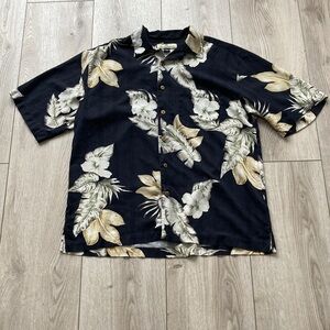 Tommy Bahama Silk Shirt Button Down Short Sleeve Mens XL Black Tan Cruise Beach